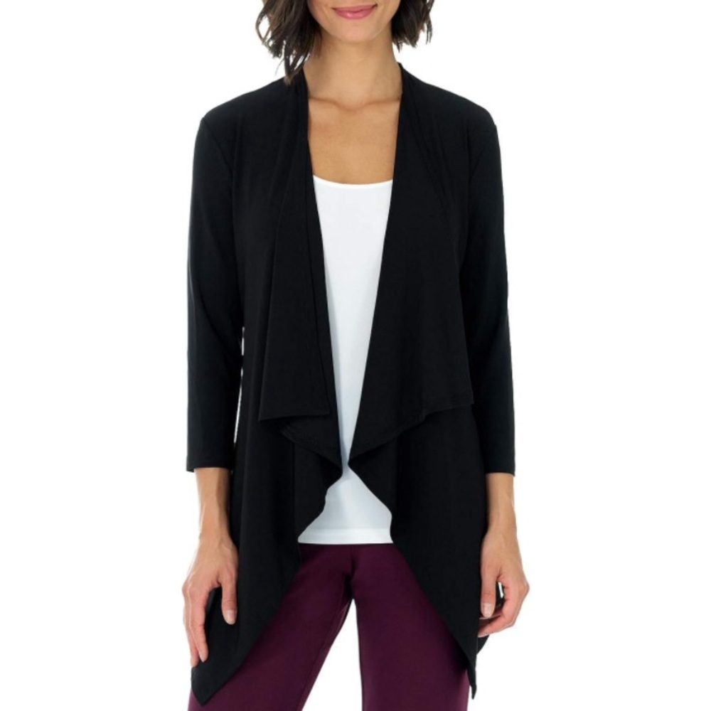 Rekucci Black Open Front Asymmetrical 3/4 Sleeve Lose Footing Travel Jacket